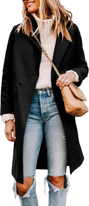 Long Pea Coats For Women Comfy, Women's Notch Lapel Double Breasted Wool Blend Mid Long Coat Jacket Outwear