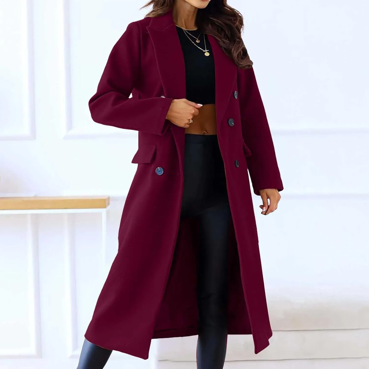 Long Pea Coats for Women Double Breasted Winter Wool Long Trentch Coat Warm Elegant Notched Lapel Overcoat Outwear