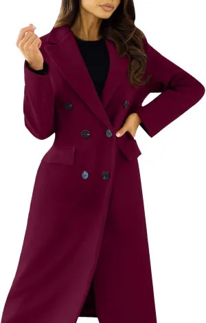 Long Pea Coats for Women Double Breasted Winter Wool Long Trentch Coat Warm Elegant Notched Lapel Overcoat Outwear