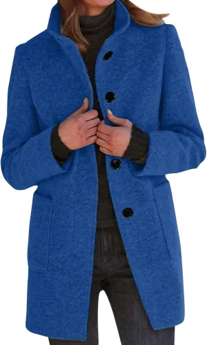 Long Pea Coats for Women Wool Coats Winter Stand Collar Single Breasted Wool Blend Peacoat Thicken Blazer Jacket with Pocktes