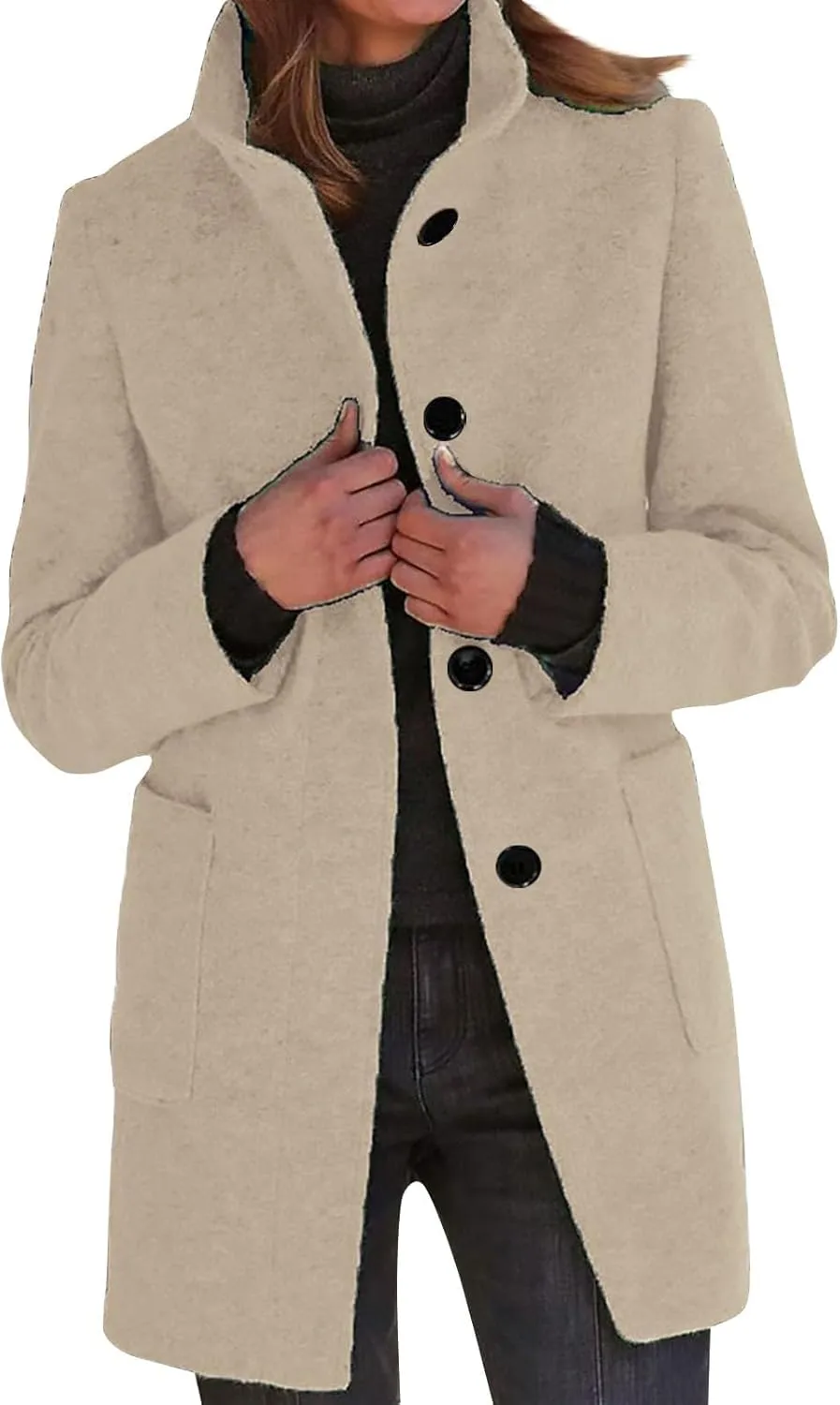 Long Pea Coats for Women Wool Coats Winter Stand Collar Single Breasted Wool Blend Peacoat Thicken Blazer Jacket with Pocktes
