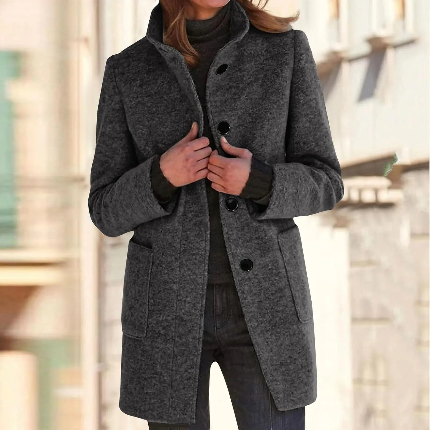 Long Pea Coats for Women Wool Coats Winter Stand Collar Single Breasted Wool Blend Peacoat Thicken Blazer Jacket with Pocktes