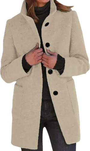 Long Pea Coats for Women Wool Coats Winter Stand Collar Single Breasted Wool Blend Peacoat Thicken Blazer Jacket with Pocktes