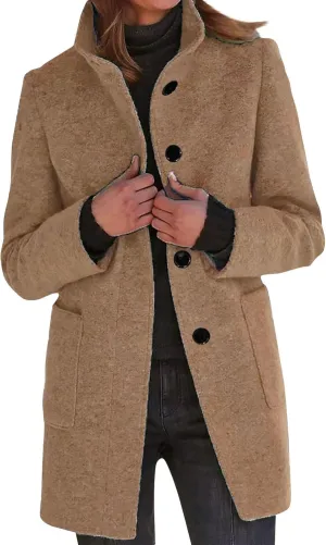 Long Pea Coats for Women Wool Coats Winter Stand Collar Single Breasted Wool Blend Peacoat Thicken Blazer Jacket with Pocktes