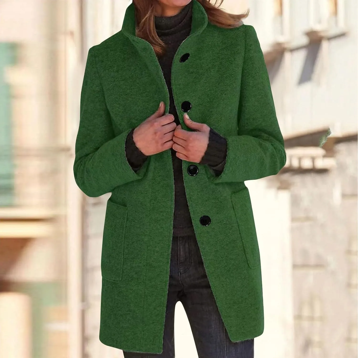 Long Pea Coats for Women Wool Coats Winter Stand Collar Single Breasted Wool Blend Peacoat Thicken Blazer Jacket with Pocktes