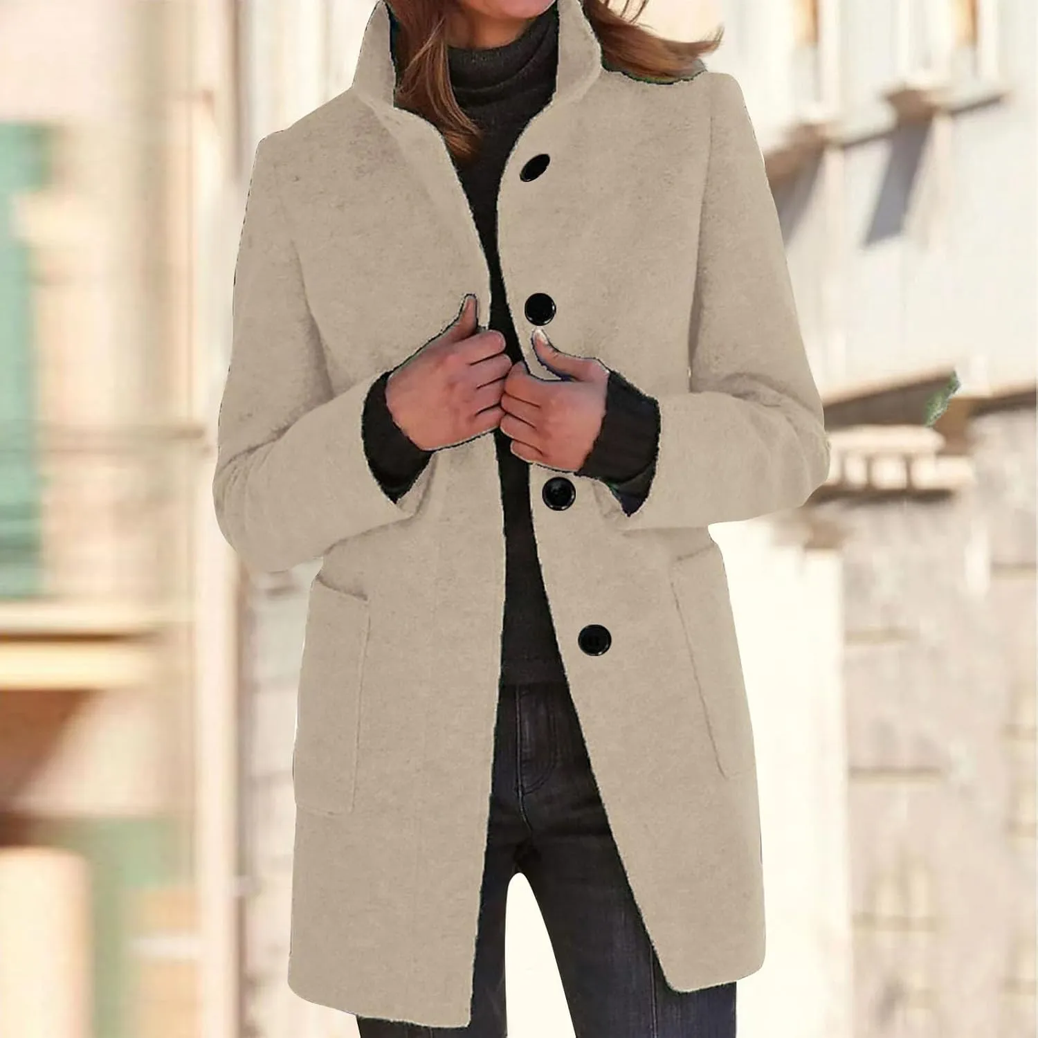 Long Pea Coats for Women Wool Coats Winter Stand Collar Single Breasted Wool Blend Peacoat Thicken Blazer Jacket with Pocktes