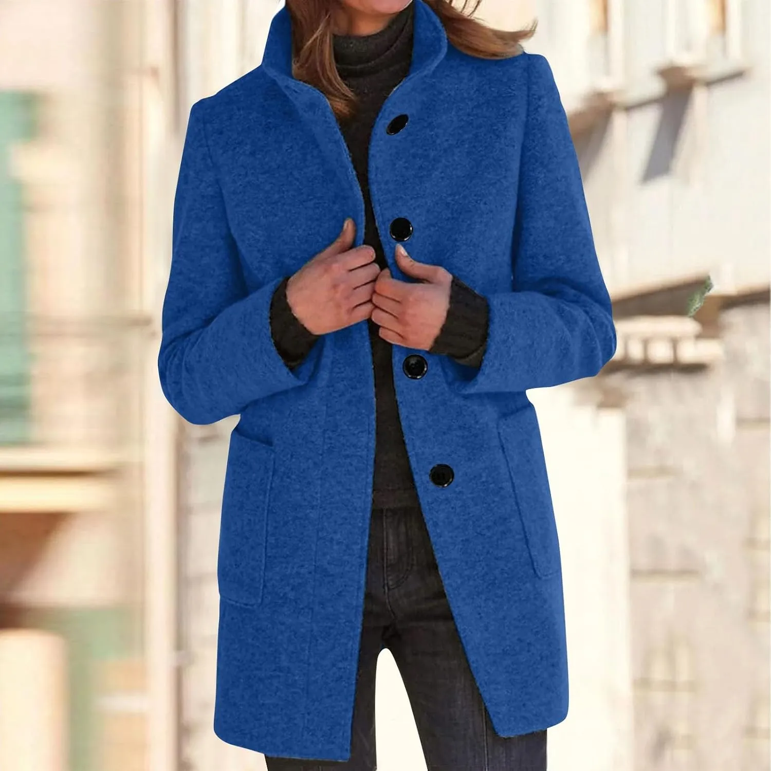 Long Pea Coats for Women Wool Coats Winter Stand Collar Single Breasted Wool Blend Peacoat Thicken Blazer Jacket with Pocktes