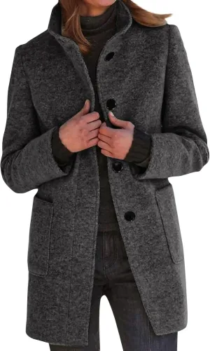 Long Pea Coats for Women Wool Coats Winter Stand Collar Single Breasted Wool Blend Peacoat Thicken Blazer Jacket with Pocktes