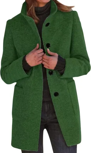 Long Pea Coats for Women Wool Coats Winter Stand Collar Single Breasted Wool Blend Peacoat Thicken Blazer Jacket with Pocktes