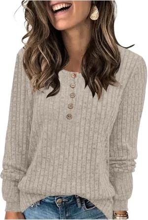 Long Sleeve Henley Knitted Tops for Women 2023 Fall Trendy Sweaters Casual Lightweight Solid Crewneck Tunic Jumpers