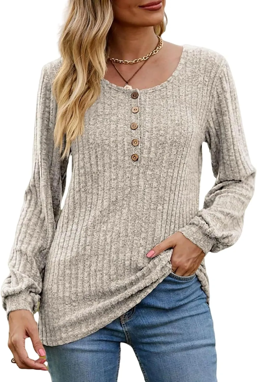 Long Sleeve Henley Knitted Tops for Women 2023 Fall Trendy Sweaters Casual Lightweight Solid Crewneck Tunic Jumpers