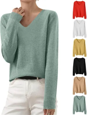 Long Sleeve Sweaters for Women Sexy v Neck Lightweight Knitted Sweater Tops Casual Loose Soft Pullover Jumper