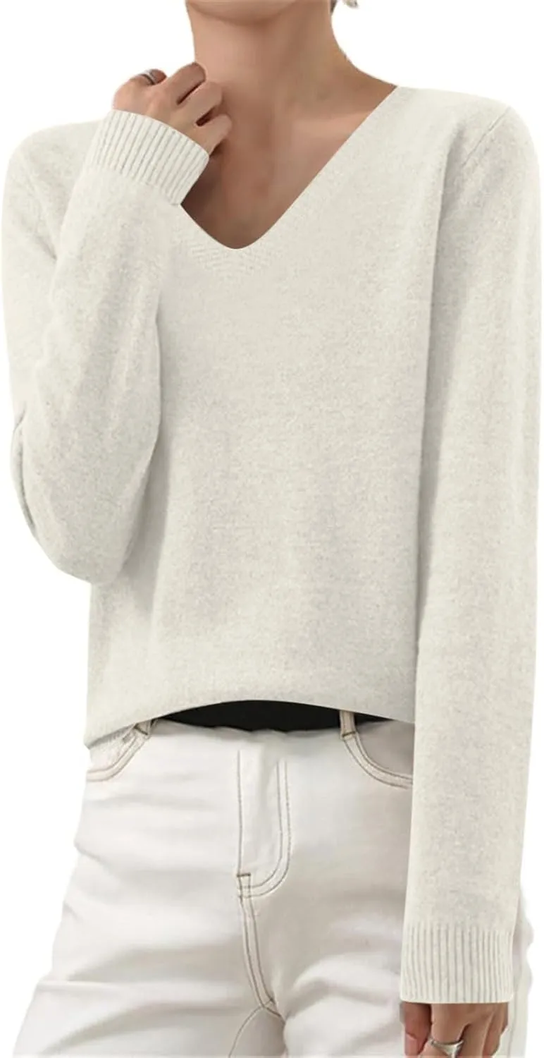 Long Sleeve Sweaters for Women Sexy v Neck Lightweight Knitted Sweater Tops Casual Loose Soft Pullover Jumper