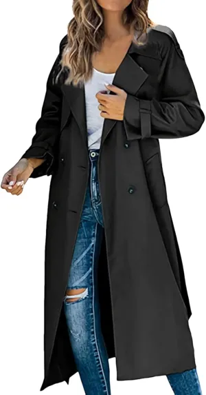 Long Trench Coat for Women Double Breasted Long Trench Coats Windproof Classic Lapel Cardigan Overcoat with Belt
