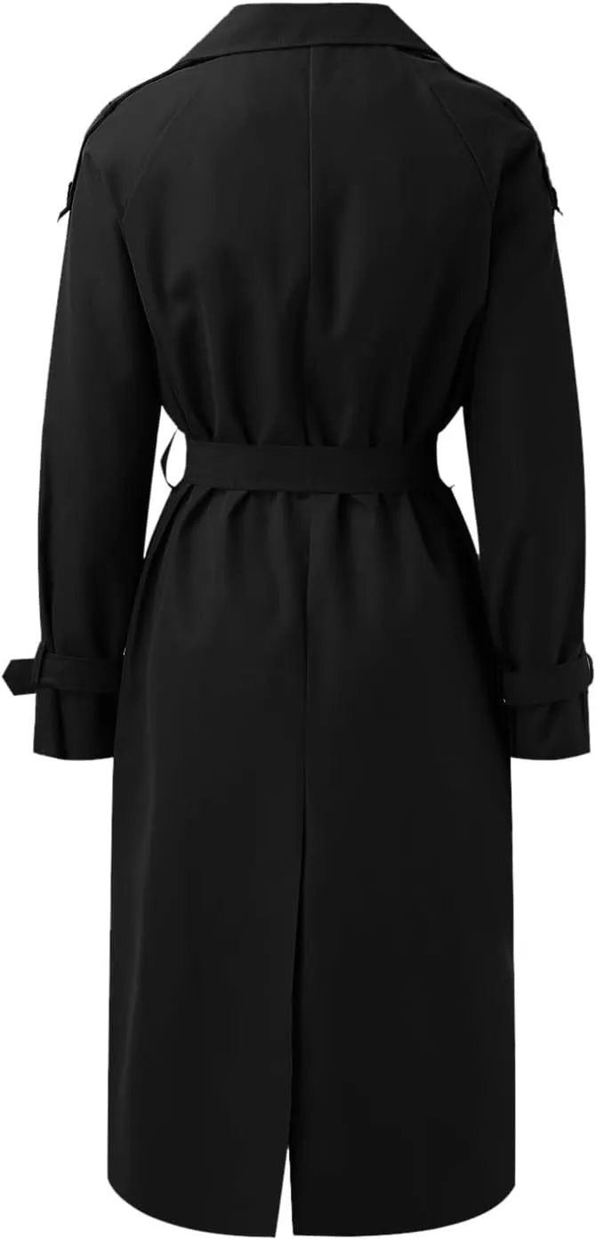 Long Trench Coat for Women Double Breasted Long Trench Coats Windproof Classic Lapel Cardigan Overcoat with Belt