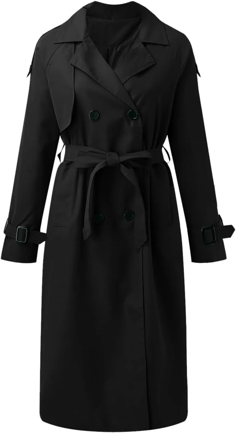 Long Trench Coat for Women Double Breasted Long Trench Coats Windproof Classic Lapel Cardigan Overcoat with Belt