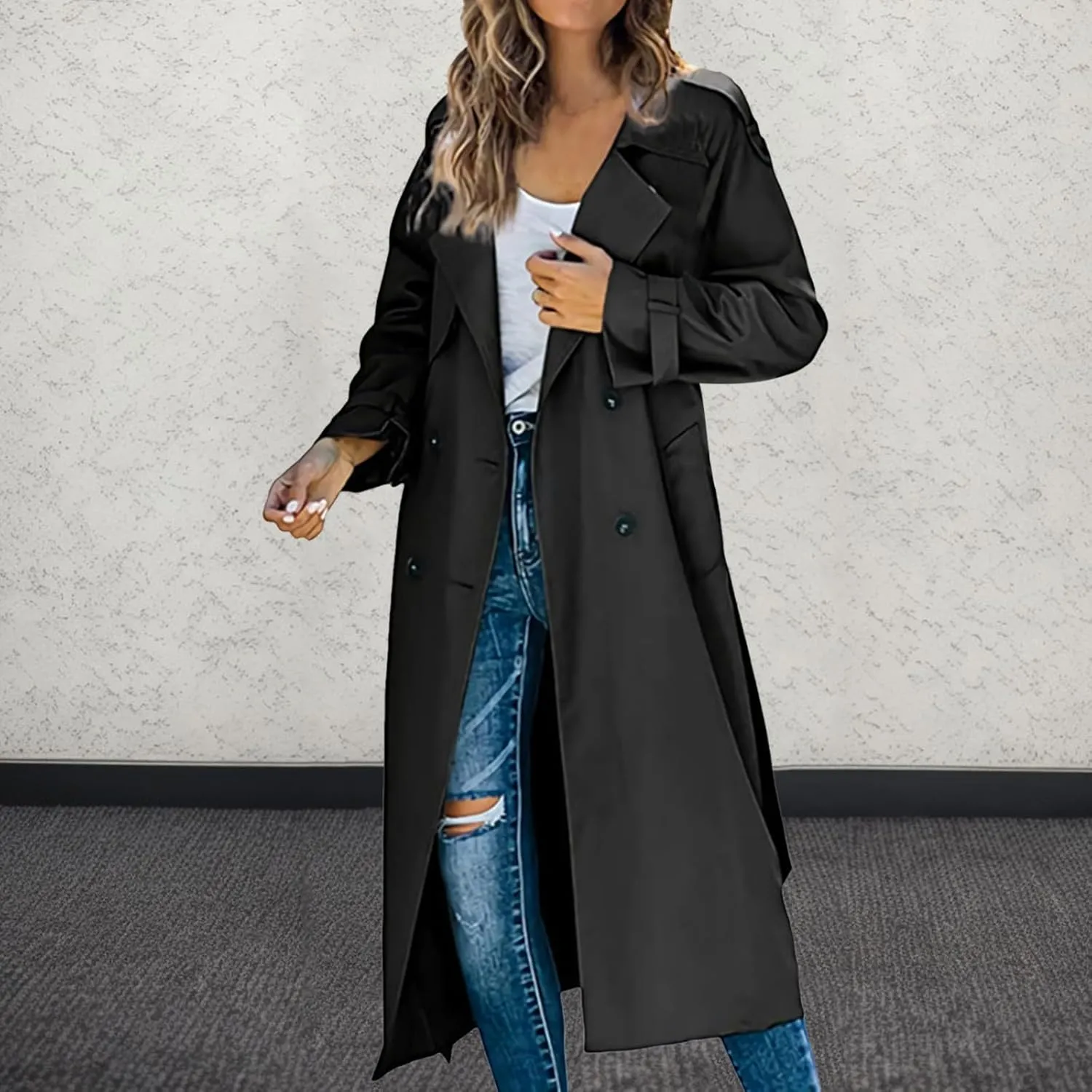 Long Trench Coat for Women Double Breasted Long Trench Coats Windproof Classic Lapel Cardigan Overcoat with Belt