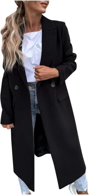 Long Trench Coats for Women Winter Jacket with Pocket Wool Blend Peacoat Notched Lapel Single Coats