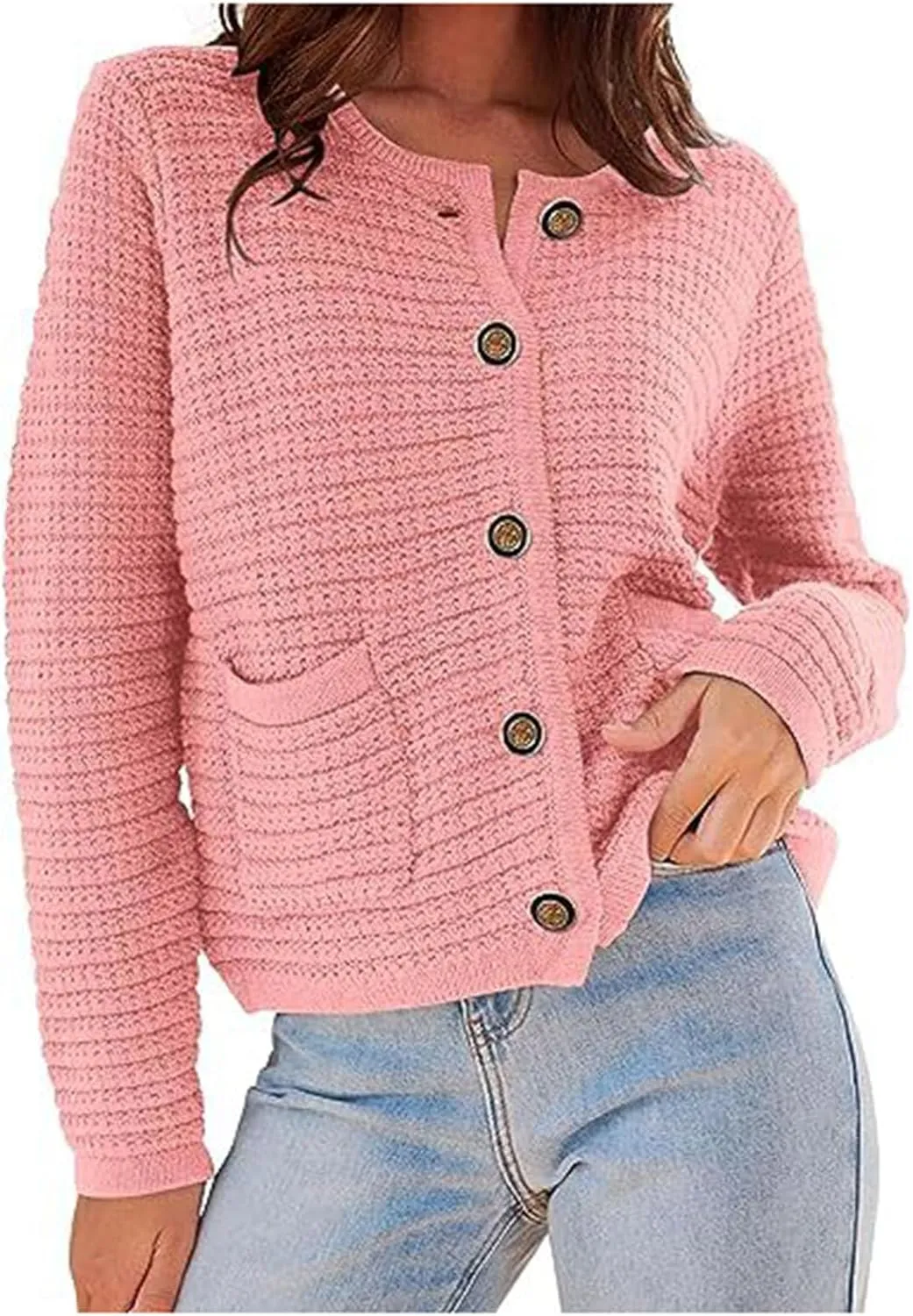 Lpmadey Women's 2024 Fall Casual Long Sleeve Button Down Open Front Cable Knit Cardigan Sweater Coat Jackets with Pockets