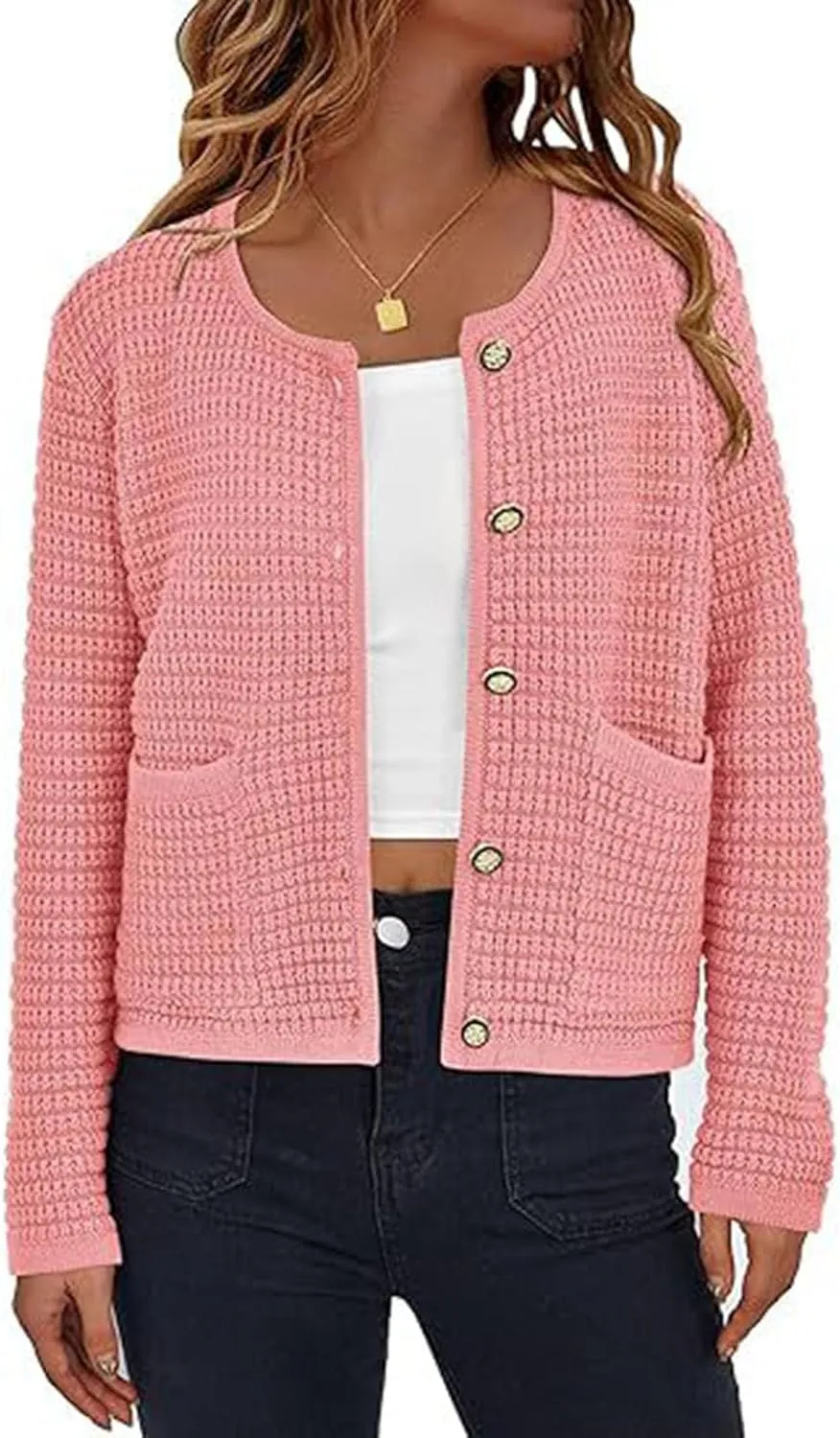 Lpmadey Women's 2024 Fall Casual Long Sleeve Button Down Open Front Cable Knit Cardigan Sweater Coat Jackets with Pockets
