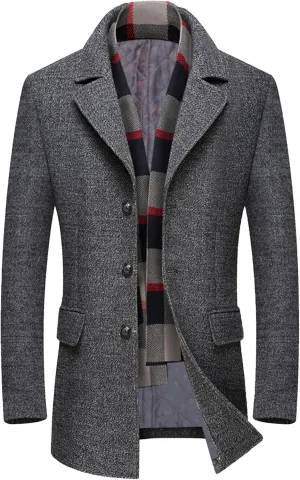 Maiyifu-GJ Men's Long Wool Blend Trench Coat Scarfs Collar Single Breasted Slim Fit Overcoat Winter Warm Mid-Length Coats