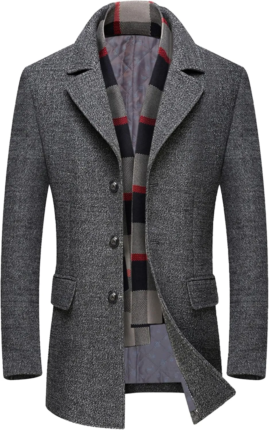 Maiyifu-GJ Men's Long Wool Blend Trench Coat Scarfs Collar Single Breasted Slim Fit Overcoat Winter Warm Mid-Length Coats