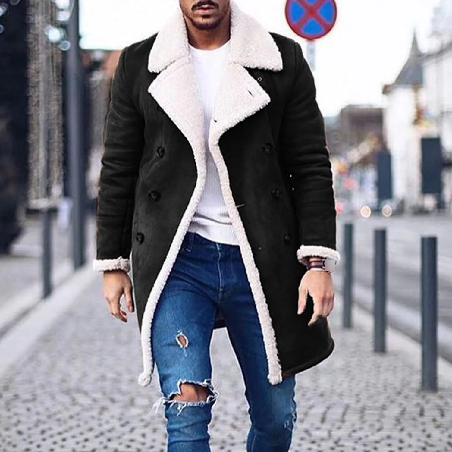 Maiyifu-GJ Mens Sherpa Lined PU Leather Coats Fur Collar Motorcycle Jackets Winter Windbreaker Trench Overcoat