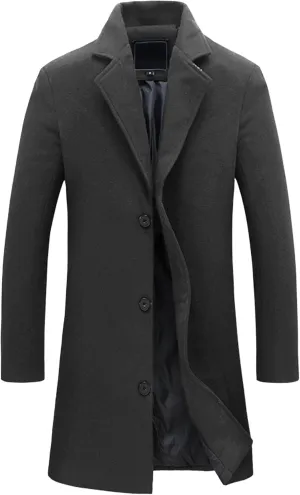 Maiyifu-GJ Mens Slim Fit Long Trench Coat Wool Blend Overcoat Warm Winter Single Breasted Coat Mid-Length Outerwear
