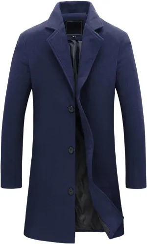 Maiyifu-GJ Mens Slim Fit Long Trench Coat Wool Blend Overcoat Warm Winter Single Breasted Coat Mid-Length Outerwear