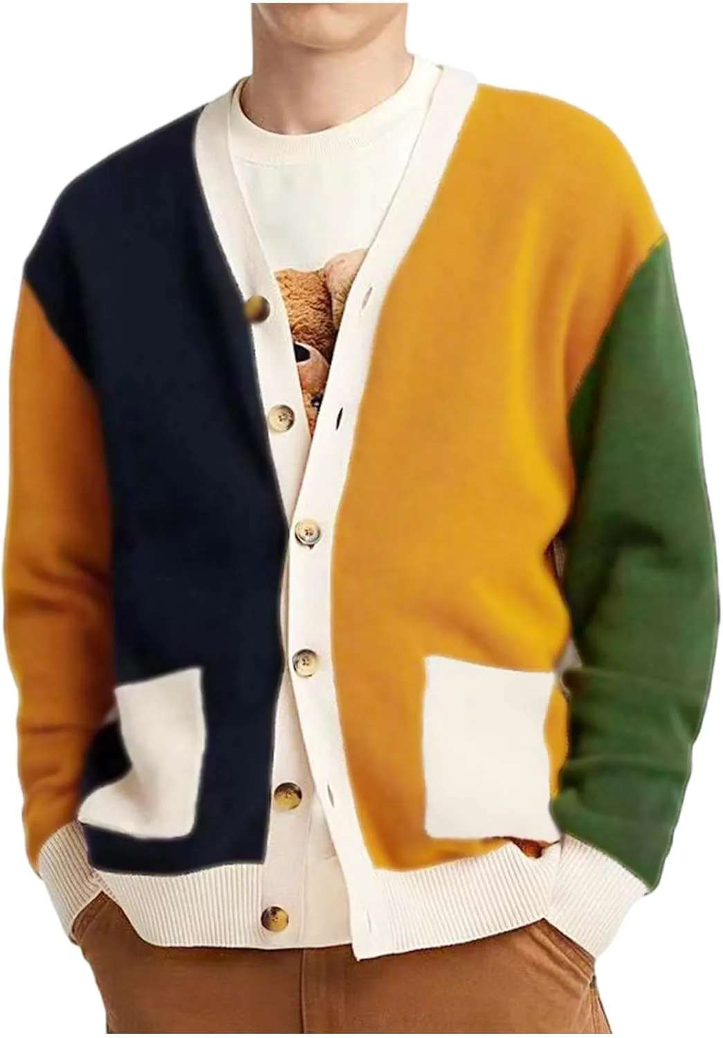 Men Color Block Cardigan Sweaters Long Sleeve V-Neck Slim Fit Casual Buttons Down Ribbed Knitted Sweater with Pockets