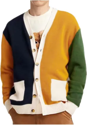 Men Color Block Cardigan Sweaters Long Sleeve V-Neck Slim Fit Casual Buttons Down Ribbed Knitted Sweater with Pockets