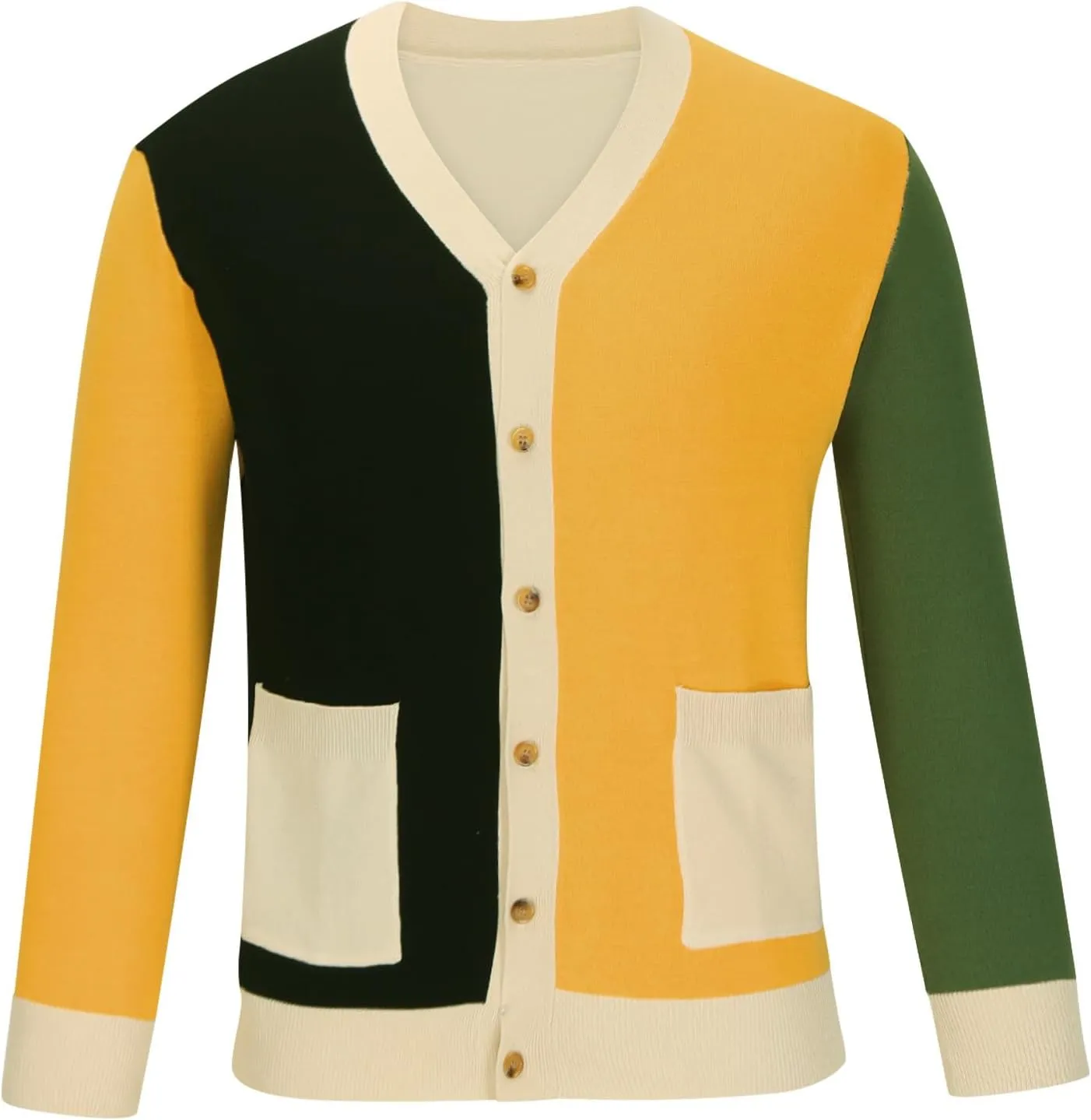 Men Color Block Cardigan Sweaters Long Sleeve V-Neck Slim Fit Casual Buttons Down Ribbed Knitted Sweater with Pockets