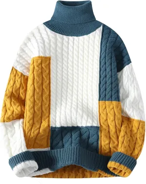 Men Color Block Sweater Turtleneck Pullover Sweater Vintage Knit Sweater Plus Size Winter Sweaters Casual Pullover