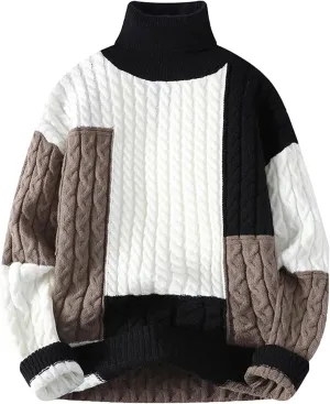 Men Color Block Sweater Turtleneck Pullover Sweater Vintage Knit Sweater Plus Size Winter Sweaters Casual Pullover