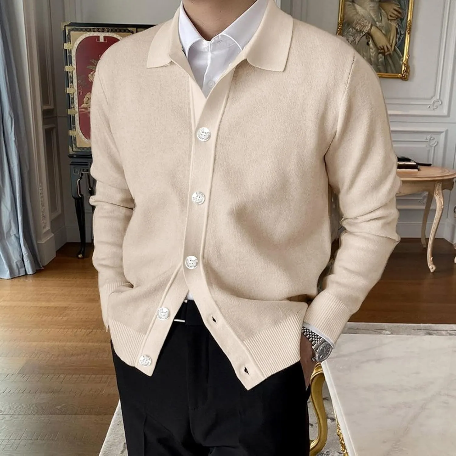 Mens Cable Knit Cardigan Sweater Shawl Collar Loose Fit Long Sleeve Casual Button Down Solid Color Cardigans Pockets