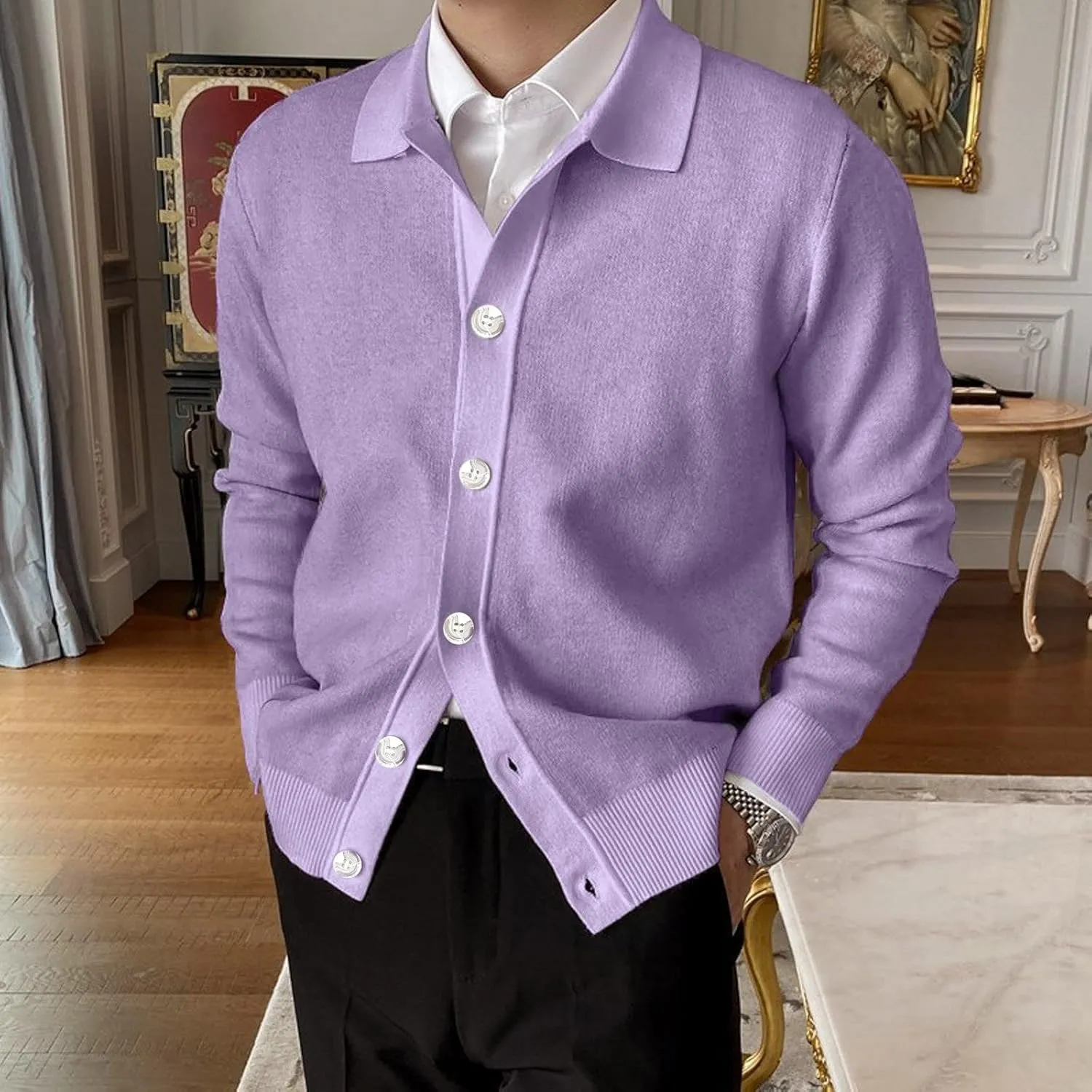 Mens Cable Knit Cardigan Sweater Shawl Collar Loose Fit Long Sleeve Casual Button Down Solid Color Cardigans Pockets
