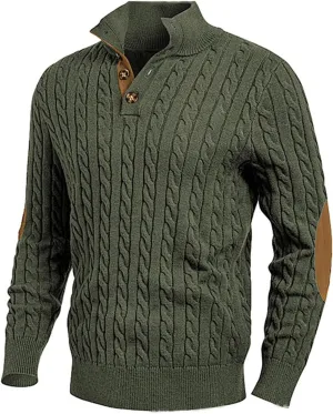 Men's Cable Knit Pullover Sweater Casual Vintage Sweaters Long Sleeve Stand Collar Button Down Textur Knitted Sweater