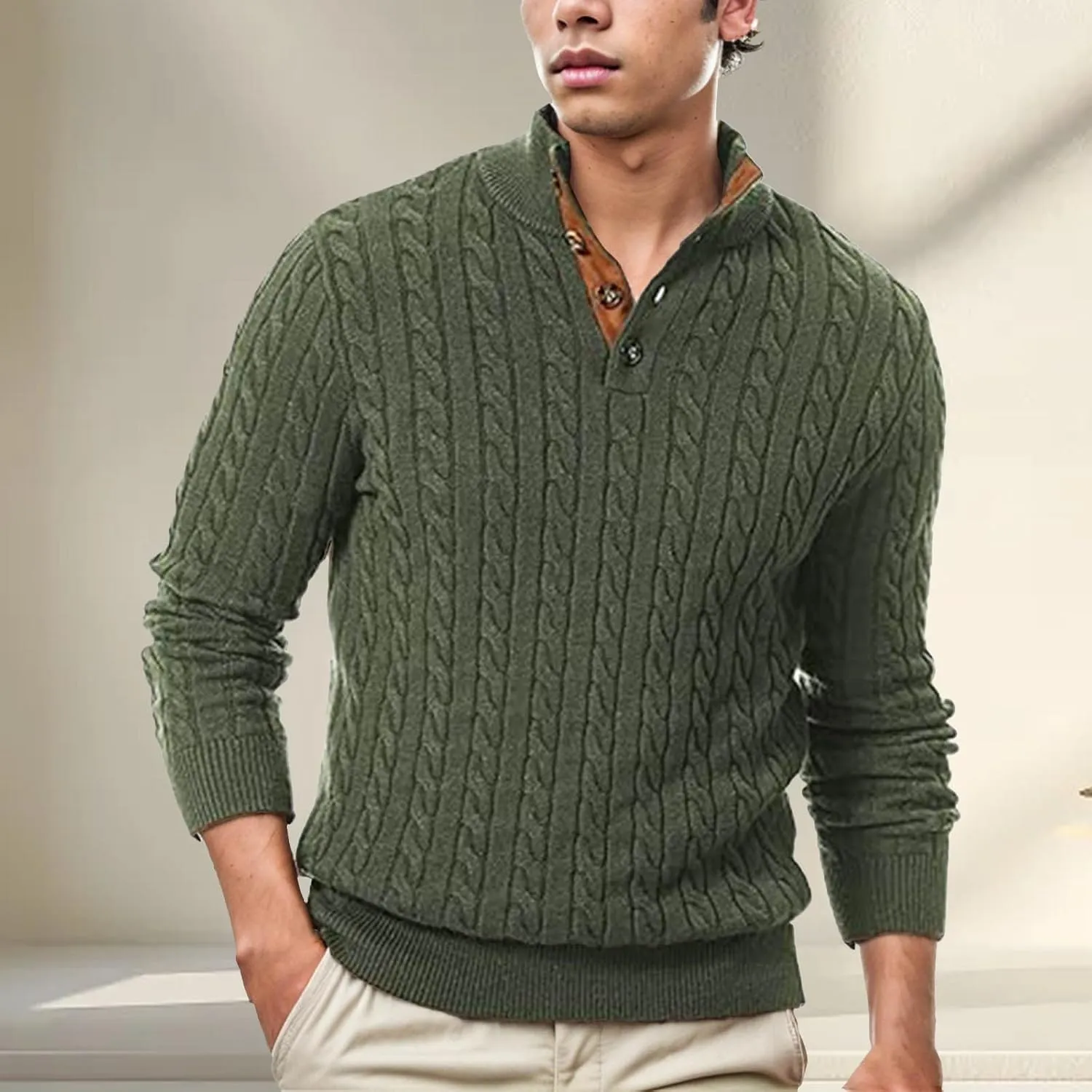 Men's Cable Knit Pullover Sweater Casual Vintage Sweaters Long Sleeve Stand Collar Button Down Textur Knitted Sweater