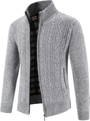 Mens Cardigan, Men's Cardigan Sweaters Knitted Stand Collar Regular Fit Jacket Full Zip Fleece Lined Winter Warm Coat