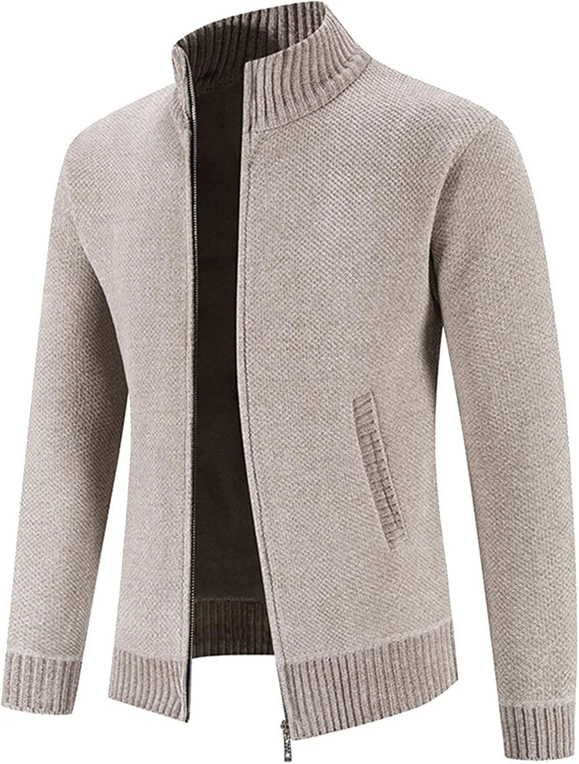 Mens Cardigan, Men's Full Zipper Cardigan Slim Fit Knitted Sweater Casual Stand Collar with Pockets