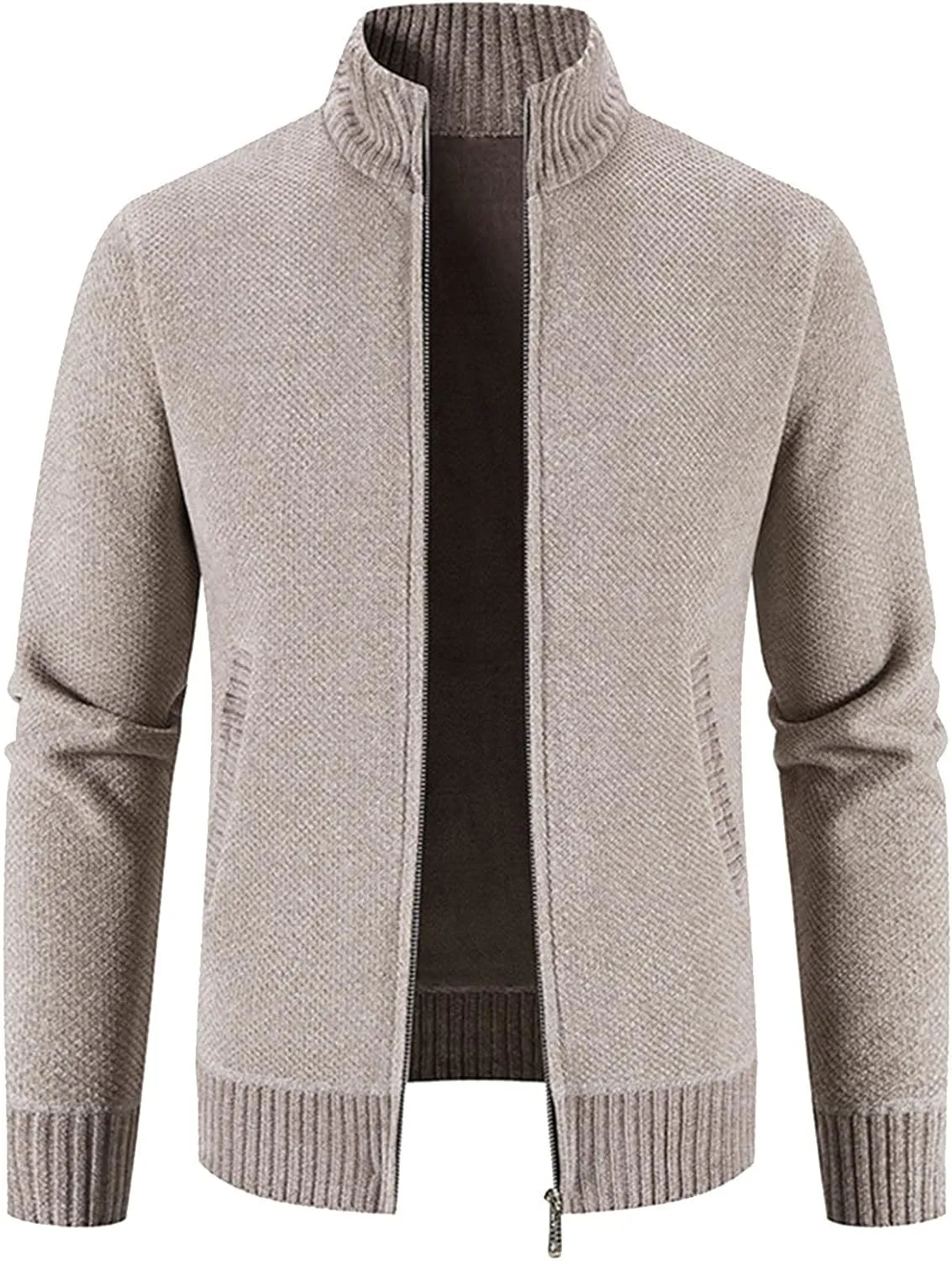 Mens Cardigan, Men's Full Zipper Cardigan Slim Fit Knitted Sweater Casual Stand Collar with Pockets