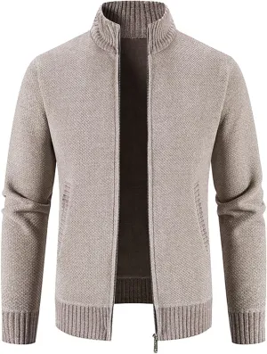 Mens Cardigan, Men's Full Zipper Cardigan Slim Fit Knitted Sweater Casual Stand Collar with Pockets