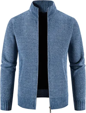 Mens Cardigan, Men's Full Zipper Cardigan Slim Fit Knitted Sweater Casual Stand Collar with Pockets