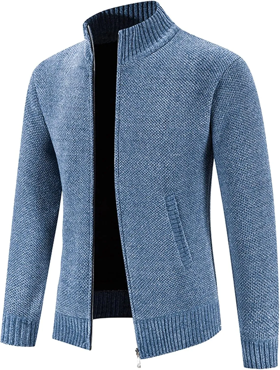 Mens Cardigan, Men's Full Zipper Cardigan Slim Fit Knitted Sweater Casual Stand Collar with Pockets