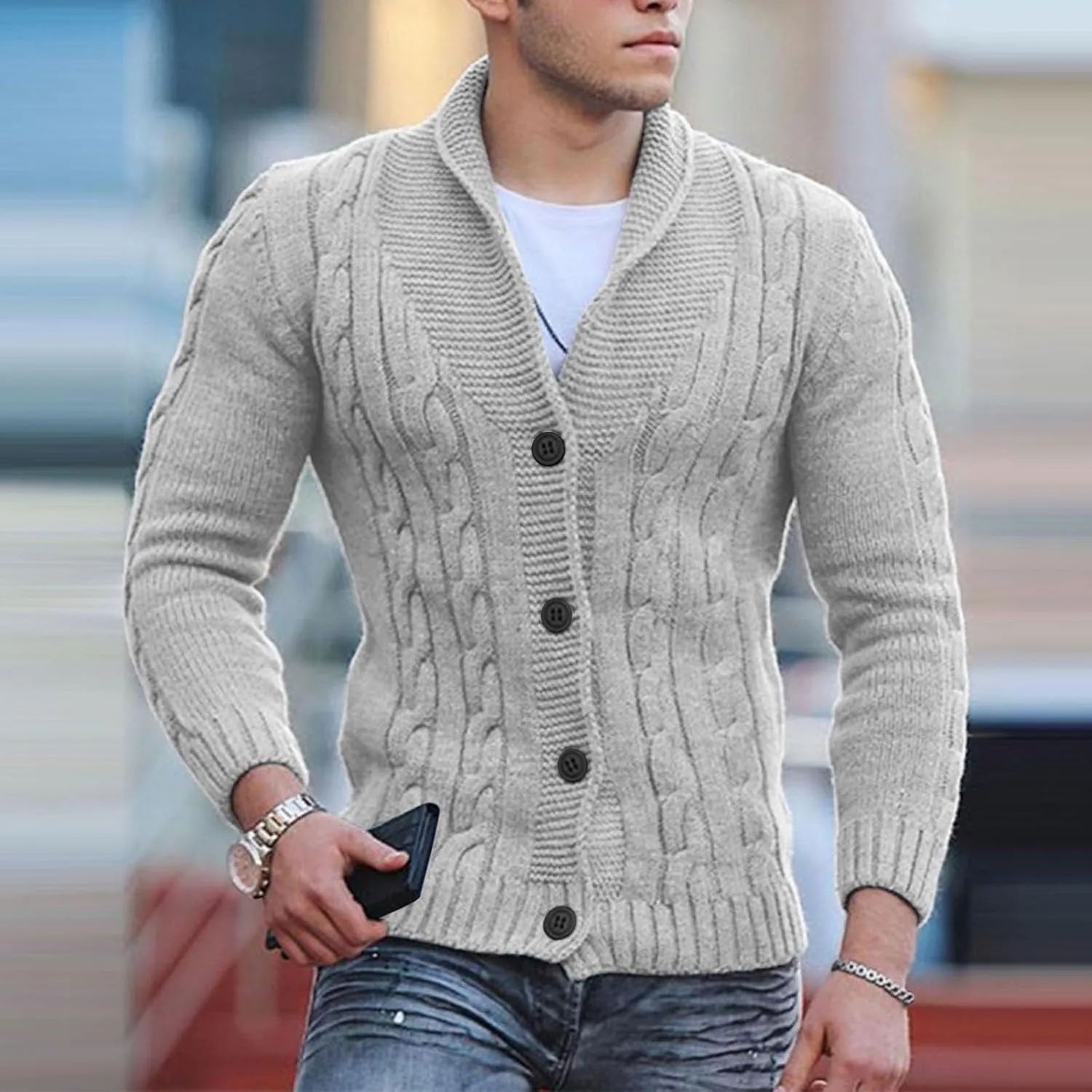Men's Cardigan Sweater Button Down Long Sleeve Pullover Solid Color Knitted Hooded Casual Loose Knitwear with Pockets