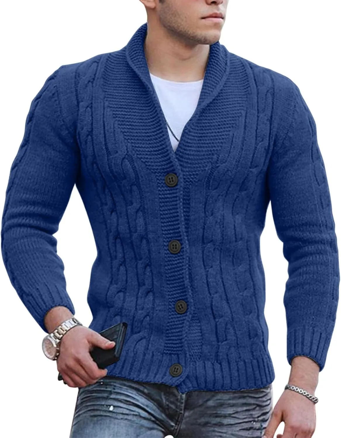 Men's Cardigan Sweater Button Down Long Sleeve Pullover Solid Color Knitted Hooded Casual Loose Knitwear with Pockets