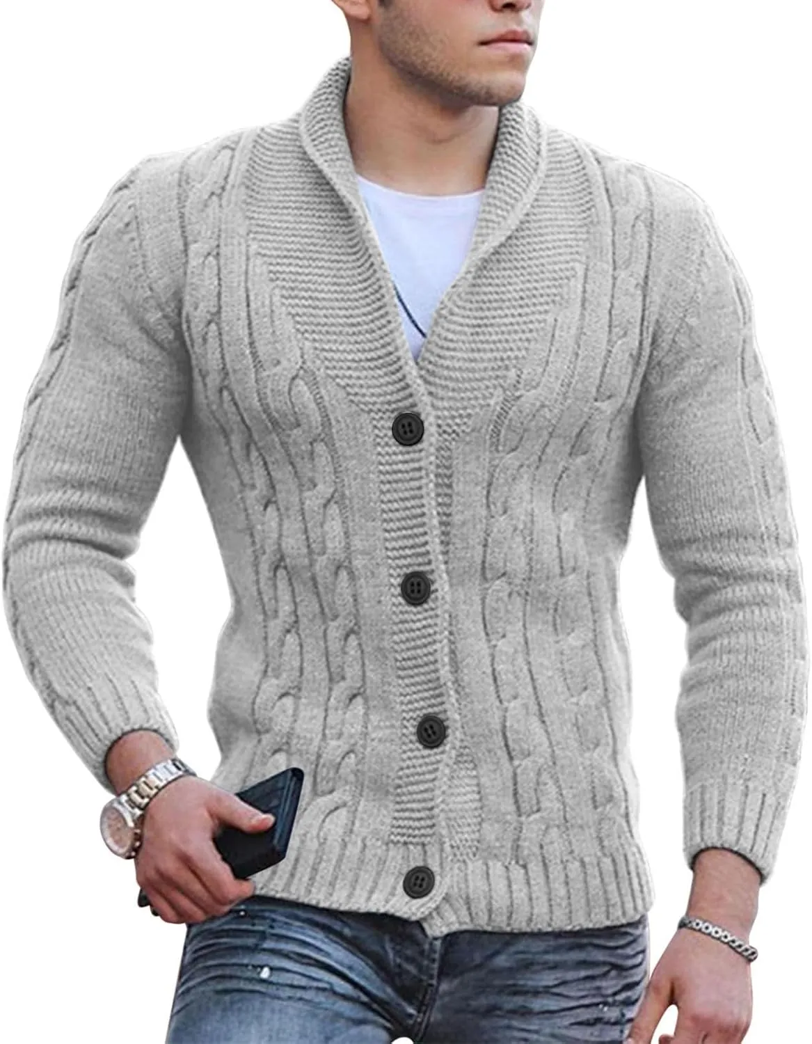 Men's Cardigan Sweater Button Down Long Sleeve Pullover Solid Color Knitted Hooded Casual Loose Knitwear with Pockets