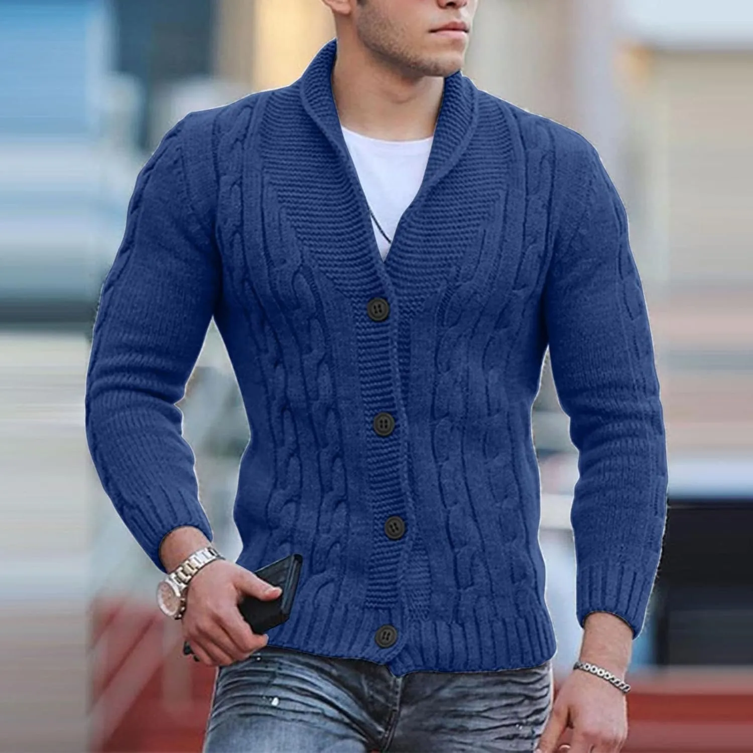 Men's Cardigan Sweater Button Down Long Sleeve Pullover Solid Color Knitted Hooded Casual Loose Knitwear with Pockets
