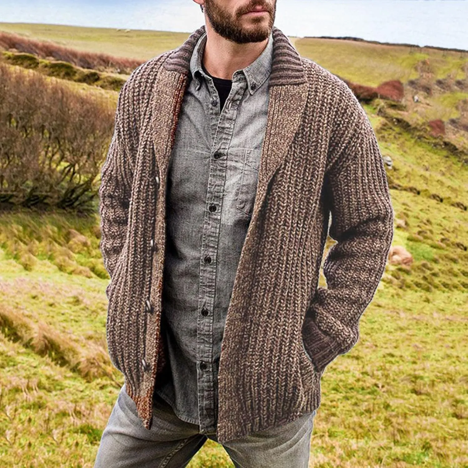 Men's Cardigan Sweater Cable Knit V Neck Button up Sweaters Ribbed Cardigan Sweater Classic Sweaters with Pockets