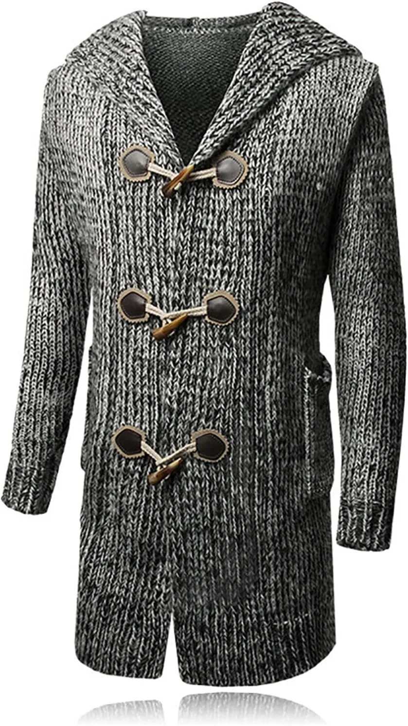 Men's Cardigan Sweater Long Sleeve Button Down Pullover Solid Color Ribbed Hooded Knitted Casual Loose with Pockets